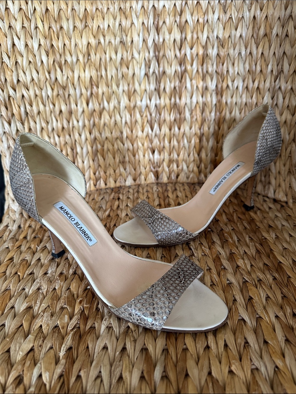 Manolo Blahnik Snakeskin D'Orsay Mid Heel Sandals